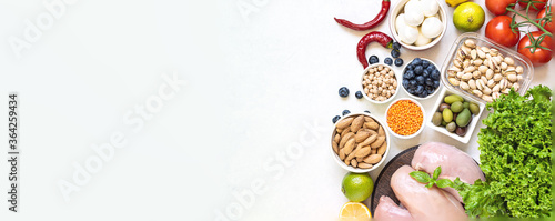 Grocery banner on white background. Healthy diet food concept. Food delivery service concept.