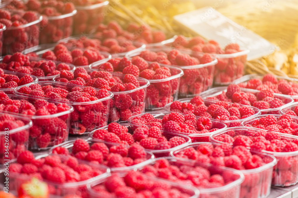 Raspberries in trays at the farmers market