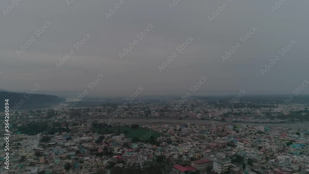 Aerial view of Rishikesh Uttarakhand India . Gateway to the Garhwal Himalayas also known as Yoga Capital of the World . Aerial view of Rishikesh Uttarakhand India . Gateway to the Garhwal Himalayas also known as Yoga Capital of the World .