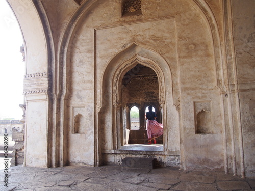 Beautiful building and a woman, Ibrahim Rauz, Bijapur, Karnataka, South India, India