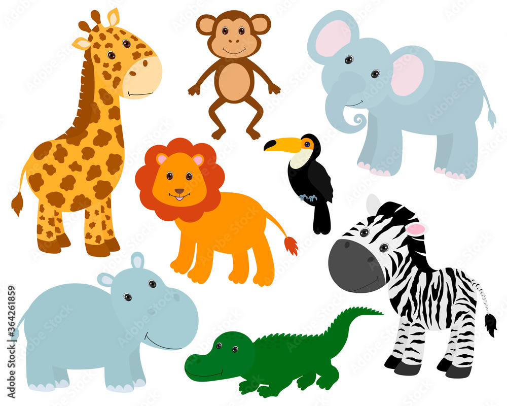 Fototapeta premium Set cute animals lion elephant giraffe hippo crocodile zebra monkey parrot vector illustration