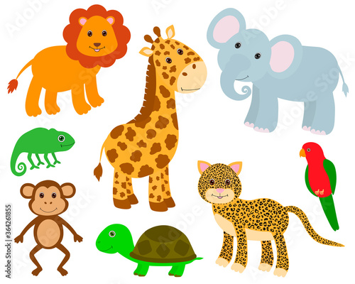 Set Cute animals lion elephant giraffe parrot chameleon turtle leopard monkey vector illustration