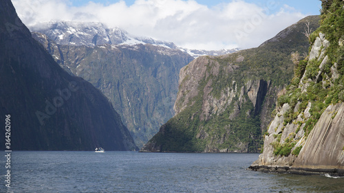 Steep mountain cliffs in Milford Sound Fiordland National Park, New Zealand. © Christopher