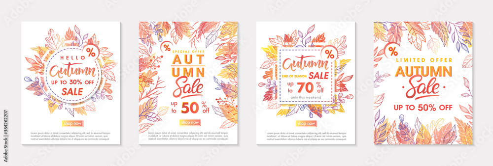 Bundle of autumn special offer banners with autumn leaves and floral elements in fall colors.Sale templates perfect for prints,flyers,banners, promotions.Business concept.Vector autumn promos.