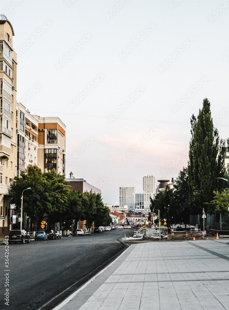 Ufa, Russia June 20, 2020 view of the evening and night streets of the city with cars people and beautiful buildings