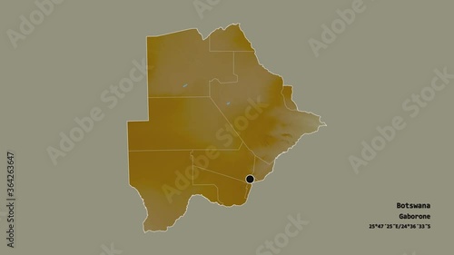 Kgatleng, district of Botswana, with its capital, localized, outlined and zoomed with informative overlays on a relief map in the Stereographic projection. Animation 3D photo