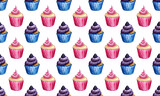 Watercolor sweets, seamless pattern. Bright cupcakes. Delicious and tasty desserts. Hand drawn illustration for cafe or restaurant menu and decoration