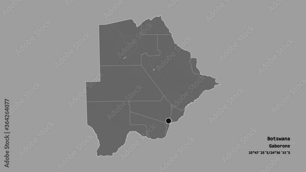 Kweneng, district of Botswana, with its capital, localized, outlined and zoomed with informative overlays on a bilevel map in the Stereographic projection. Animation 3D Kweneng, district of Botswana, with its capital, localized, outlined and zoomed with informative overlays on a bilevel map in the Stereographic projection. Animation 3D