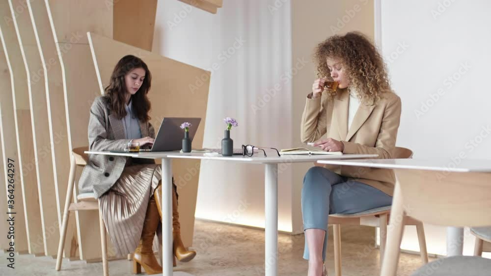 Wide shot of Caucasian businesswoman with long curly hair sitting at desktop, drinking tea and making notes while her female colleague working on laptop Wide shot of Caucasian businesswoman with long curly hair sitting at desktop, drinking tea and making notes while her female colleague working on laptop