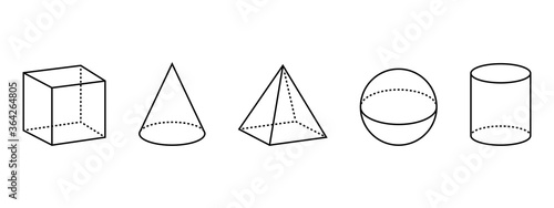 3D geometric shapes. Cube, pyramid, sphere, cylinder, cone, isolated on white background. Set Outline objects. Vector illustration.
