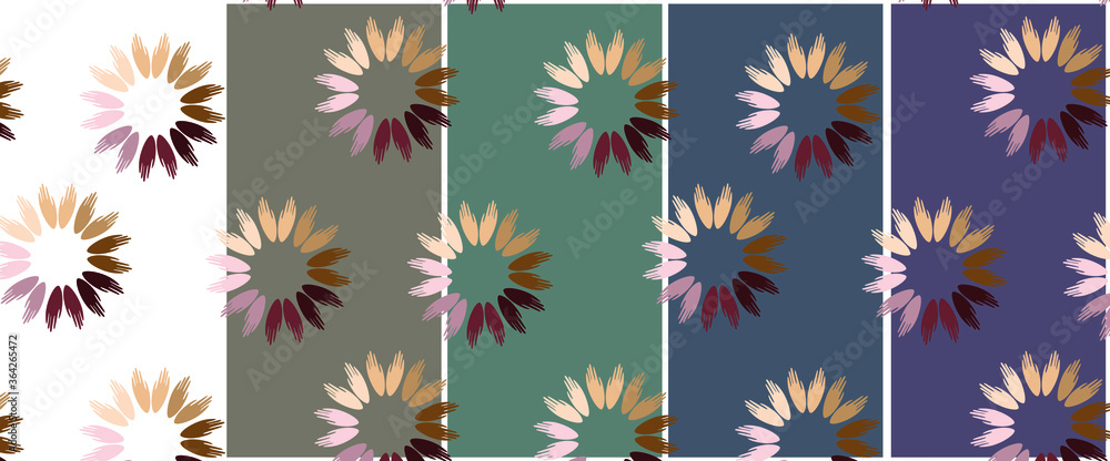 Pattern of human palms gathered in circles. Set on different backgrounds. The idea of unity of races and peoples. Wallpaper. Packaging. Prints.
Pattern of human palms gathered in circles. Set on different backgrounds. The idea of unity of races and peoples. Wallpaper. Packaging. Prints.