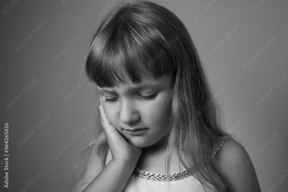 Cute girl with toothache. Black and white Cute girl with toothache. Black and white