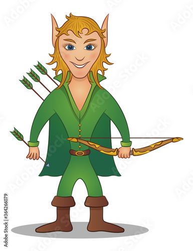 Elf Archer Standing with Bow and Arrows and Smiling, Funny Comic Cartoon Character. Vector