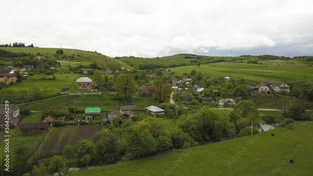 Aerial view of small village with small houses among green trees with farm fields and distant forest in summer. Aerial view of small village with small houses among green trees with farm fields and distant forest in summer.