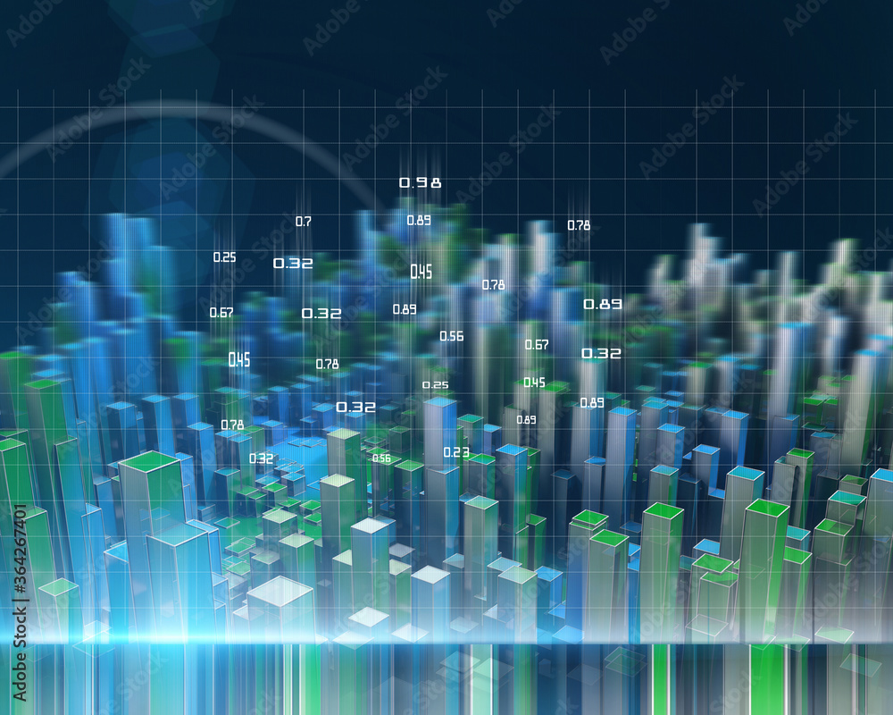 3D illustration abstract infographic with blue green columns and blurred lines. Big Data. Business and finance analytics representation. Futuristic geometric analyze data concept. 3D illustration abstract infographic with blue green columns and blurred lines. Big Data. Business and finance analytics representation. Futuristic geometric analyze data concept.