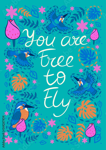 Greeting card with kingfishers and the inscription with You are free to fly. Vector graphics. © Екатерина Зирина