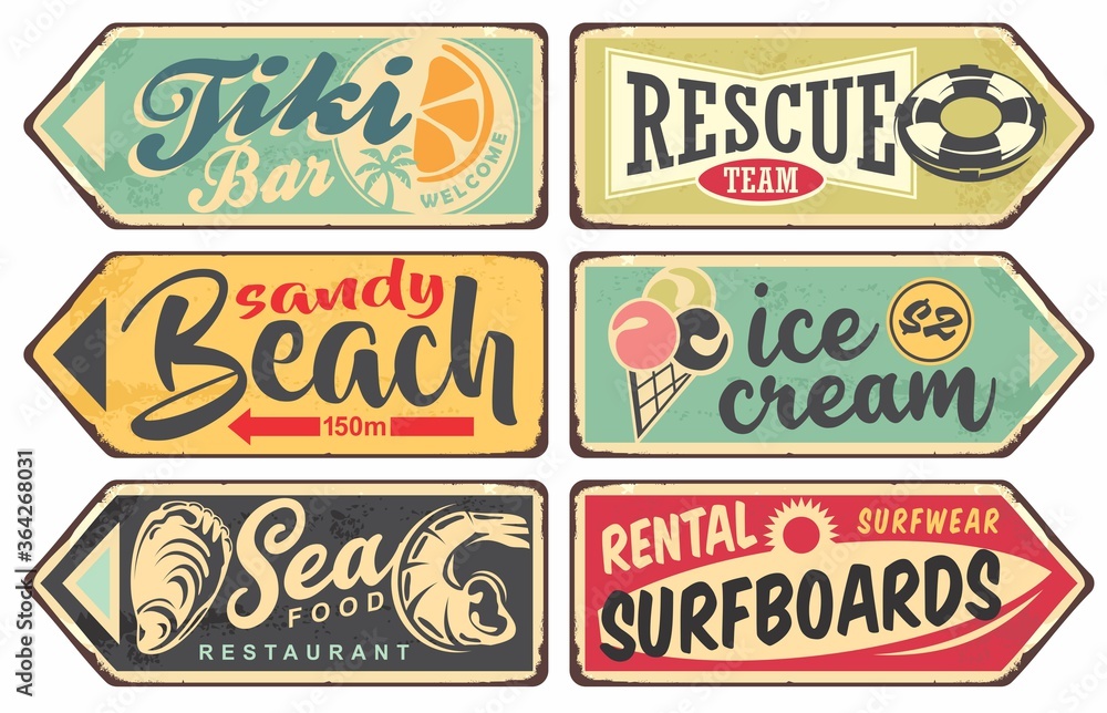 Summer signs vintage collection. Tiki bar, beach, sea food, ice cream, surfing signboards set. Vector illustration.