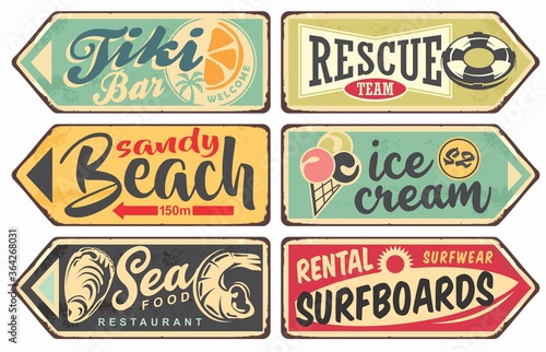 Summer signs vintage collection. Tiki bar  beach  sea food  ice cream  surfing signboards set. Vector illustration.