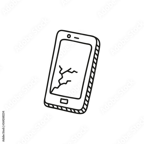 Doodle crashed smartphone icon. Vector isolated illustration of smart phone.