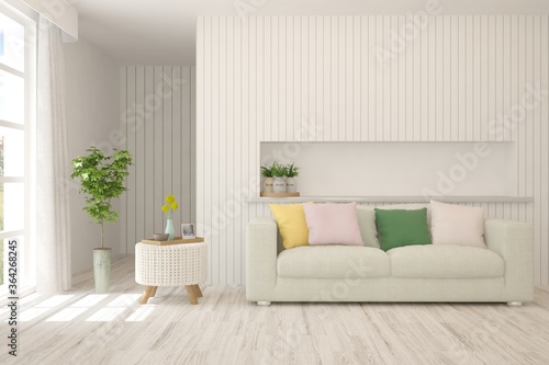 White living room with sofa. Scandinavian interior design. 3D illustration