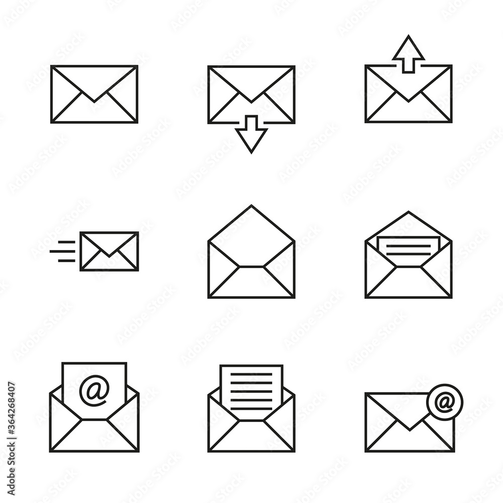 Vector icon set of envelopes, incoming and outgoing letters, mail, email. Vector icon set of envelopes, incoming and outgoing letters, mail, email.