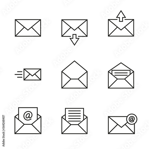 Vector icon set of envelopes, incoming and outgoing letters, mail, email.