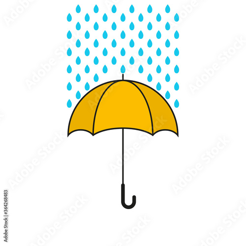 Vector yellow umbrella protecting against raindrops. Isolated on white background.