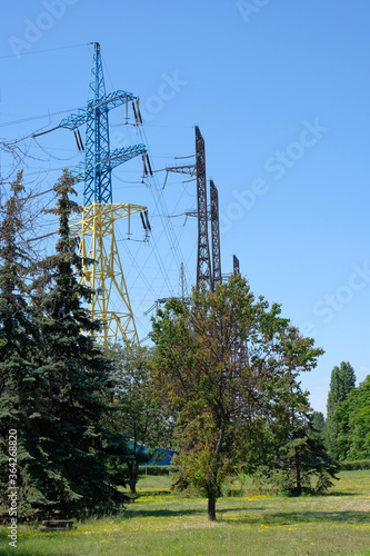 High voltage power transmission towers of a power plant.