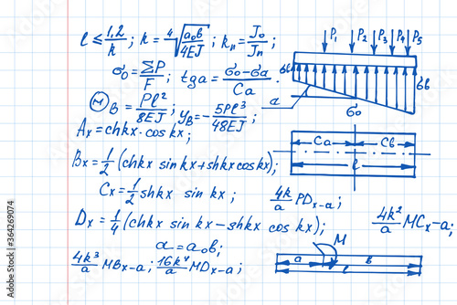Physical equations, diagrams and formulas on workbook. Vector hand-drawn illustration. Education and scientific  background.