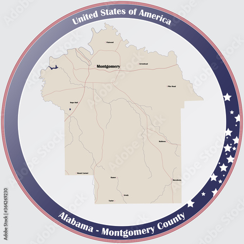 Round button with detailed map of Montgomery county in Alabama, USA.