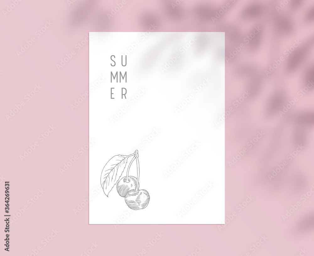 Stationary Template with Cherry Design Element on White Paper Sheet with Tree Branches and Leaves Shadow on Pink Background. Corporate Business Brand Identity, Hello Summer Card. Vector Illustration