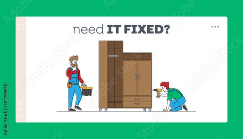 Furniture Assembly Service Landing Page Template. Carpenter Worker Characters with Tools Assembling Wardrobe with Construction Instruments in Belt Bag and Toolbox. Linear People Vector Illustration