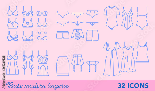 Set of lingerie outline icons. Modern women underwear - linear collection. Panties, bras, corsets and bodies - fashion flat sketches. Isolated template for infographic, ad, social media, web design