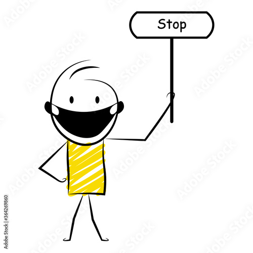 cartoon stickman: Holding board of stop. Vector Illustration