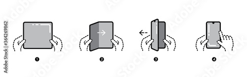 Smart Phone Tablet with Foldable Screen. Step by step folding unfolding manual instructions. Vector Isolated.