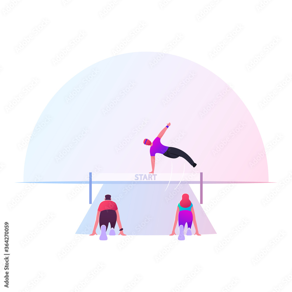 Business People or Sportsmen Characters Running with Obstacles Competition. Businessman Jump over Barrier. Leadership, Sport Challenge, Sprint on Stadium, Leader Chase. Cartoon Vector Illustration