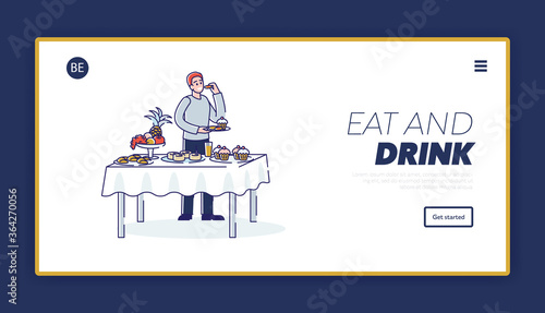 Buffet catering in hotel or restaurant. Man taking food from buffet table served with sweet desserts