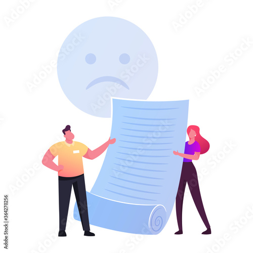Claim Customer Concept. Tiny Characters with Sad Face Holding Huge Paper. Client Complaint, Negative Feedback, Service Dislike, Rejection, Not Approved and Unhappy People. Cartoon Vector Illustration