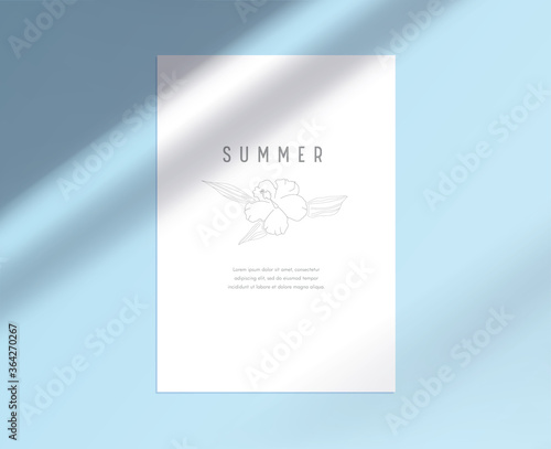 White Paper Sheet Stationary Template with Hibiscus Flower Botanical Floral Design Element on Blue Background with Shadow. Corporate Business Brand Identity, Summer Typography. Vector Illustration