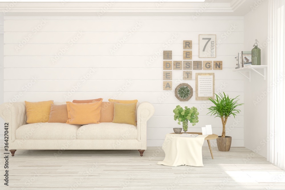 White living room with sofa. Scandinavian interior design. 3D illustration White living room with sofa. Scandinavian interior design. 3D illustration
