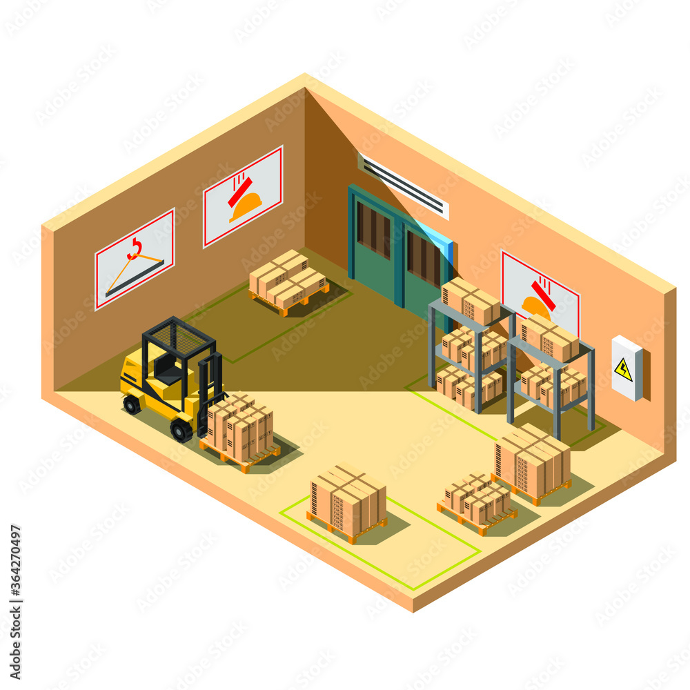 Isometric 3D Loader Factory Transport With Cardboard Boxes On Wooden Pallet Vector Design Style