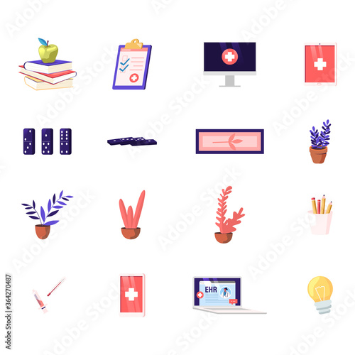 Set of Icons Textbooks with Apple, Medical Insurance and Pc Monitor, Tablet with Medicine Cross, Dominoes and Potted Plant with Pencils. Syringe, Thermometer or Light Bulb. Cartoon Vector Illustration