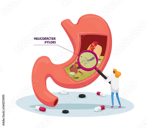 Tiny Doctor Character with Huge Magnifying Glass Learning Sick Stomach with Helicobacter Pylori Disease or Gastritis. Gastroenterology Medicine and Healthcare Concept. Cartoon Vector Illustration