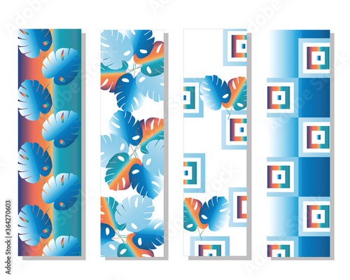 four bookmarks vector set with tropical leaves in blue and orange colors