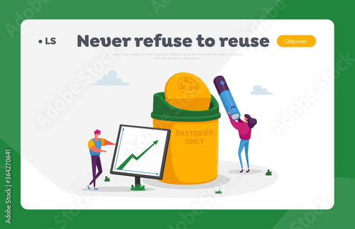 Reduce Earth Pollution Landing Page Template. Man Character Perform Growing Chart with Statistics of Using and Recycling Batteries and E-waste. Garbage Segregation. Cartoon People Vector Illustration