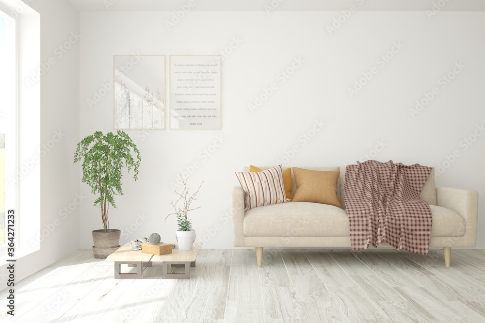 Fototapeta premium White living room with sofa. Scandinavian interior design. 3D illustration