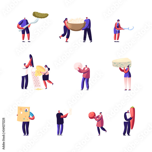 Set of Tiny Male and Female Characters with Huge Food Products Pickled Cucumber, Cabbage, Mozzarella and Blue Cheese with Tomato, Red Hot Chilli Pepper and Grater. Cartoon People Vector Illustration
