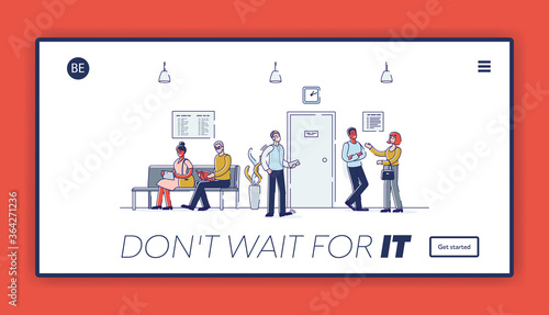 Landing page with people waiting in hallway for business meeting, job interview, doctor consultation