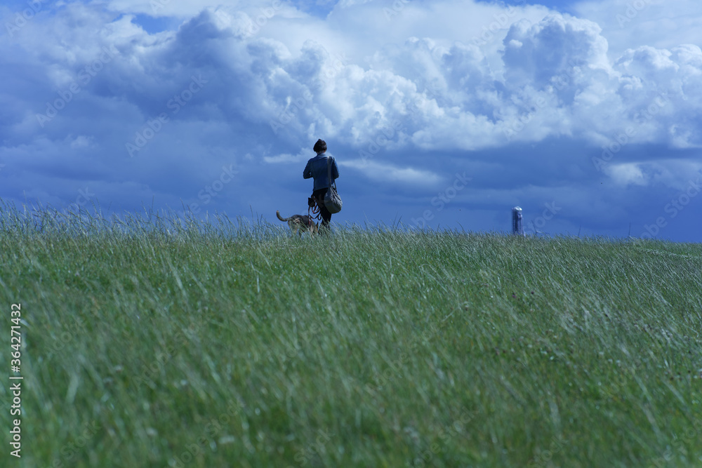 Frau mit Hund Deich