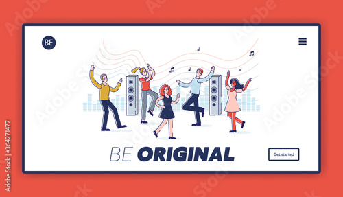 Landing page with people dancing and enjoying music. Group of young men and women on corporate party